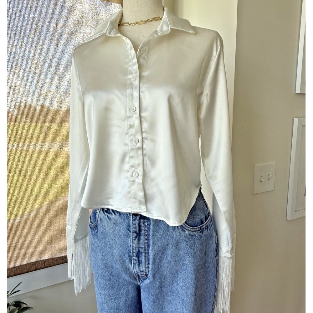 Ellison Cream Satin Button-Down Top with Fringe Cuffs